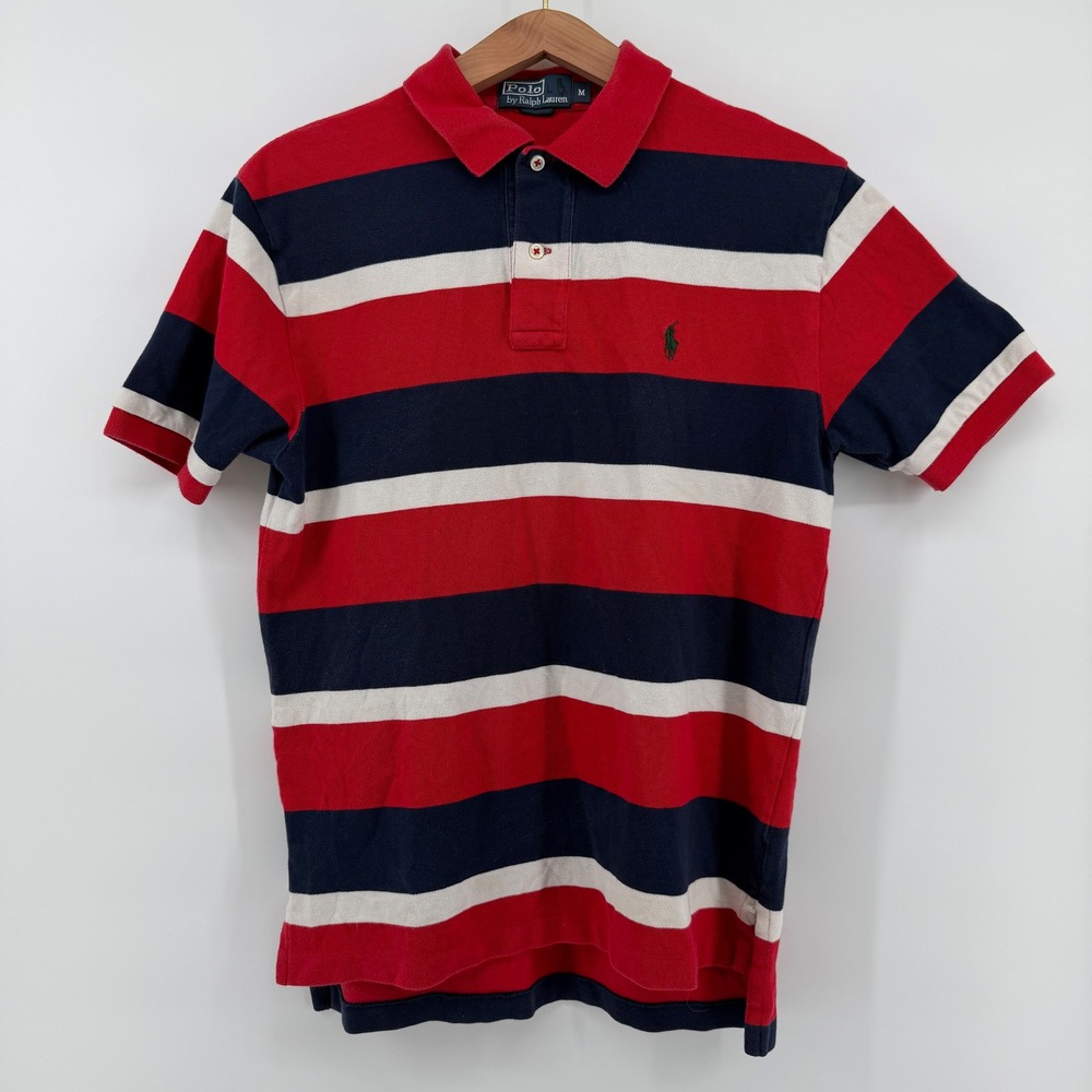 Vintage Polo Ralph Lauren Mens M Striped Short Sleeve Shirt Rugby Red Navy Prep - Picture 2 of 11
